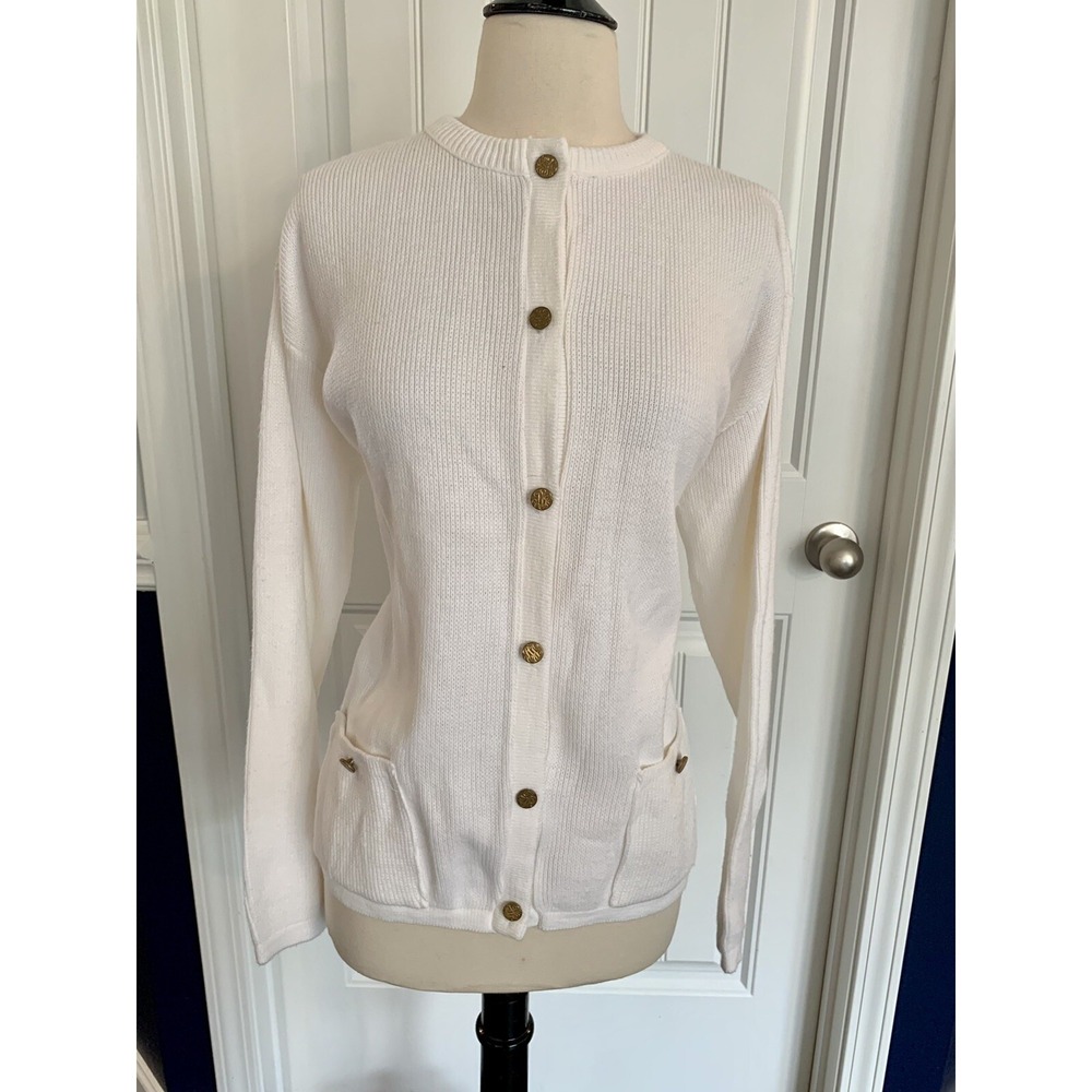 Vintage White Cardigan Sweater USA Womens XL Acrylic Knit Pockets 357